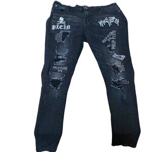 Philipp Plein 1978 Platinum‎ Cut Men 36 Black Distressed Jeans Skull Streetwear